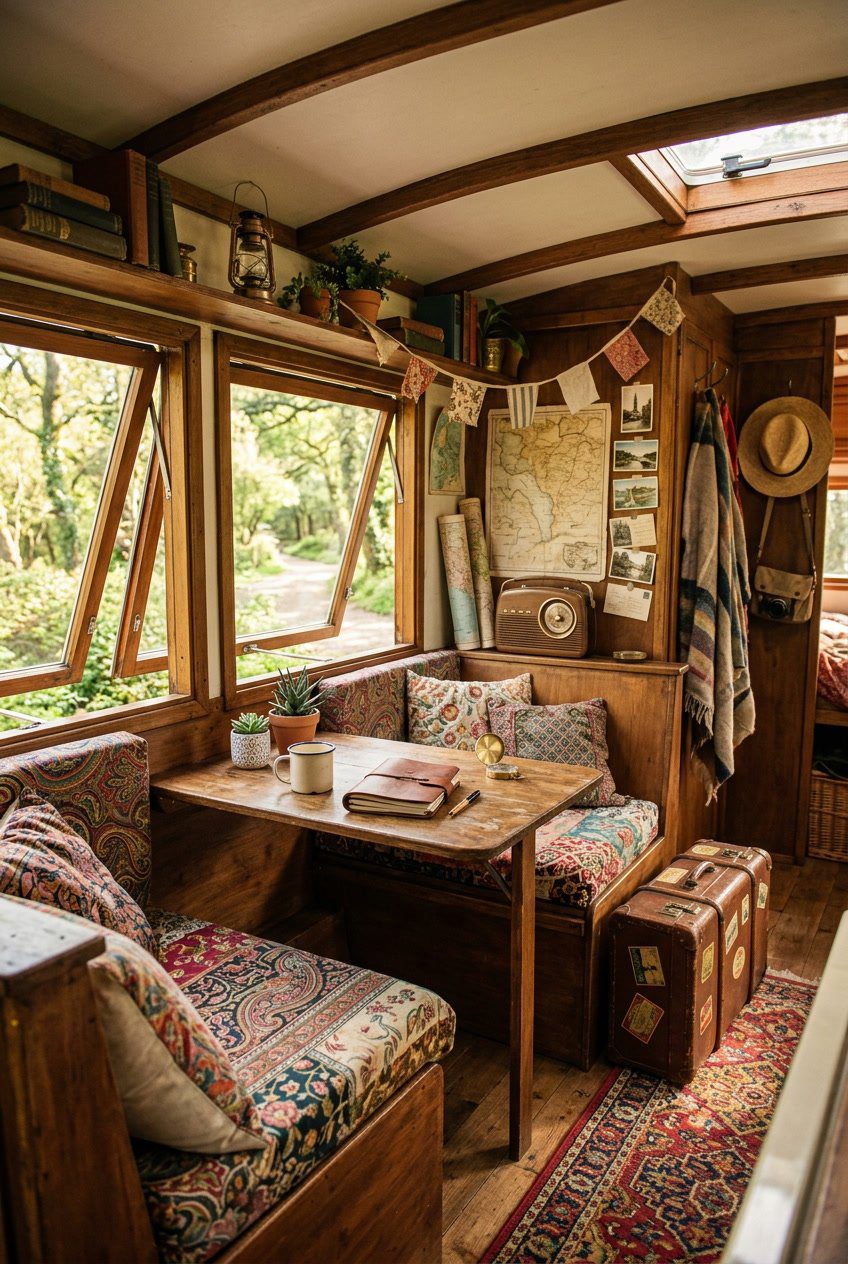 Interior of a vintage camper decorated with retro textiles, antique suitcases, and plants, set in a sunny outdoor environment.