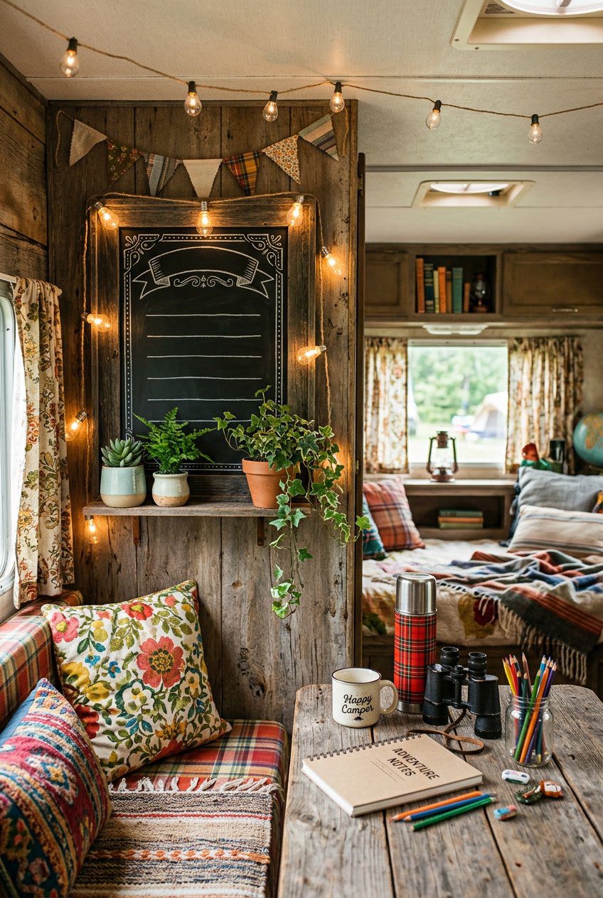 Interior of a vintage camper decorated with plants, string lights, and rustic decor items, featuring a blank chalkboard sign.