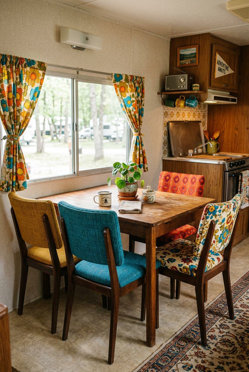 A set of reupholstered midcentury dinette chairs around a wooden table inside a vintage camper with natural light and decorative elements.
