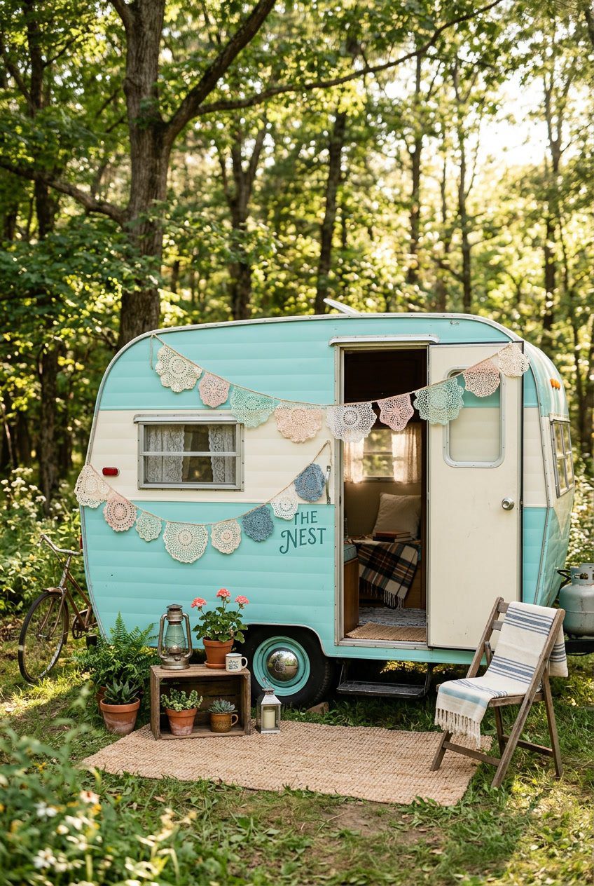 A vintage camper decorated with crocheted doily bunting outdoors at a campsite surrounded by plants and rustic decor.