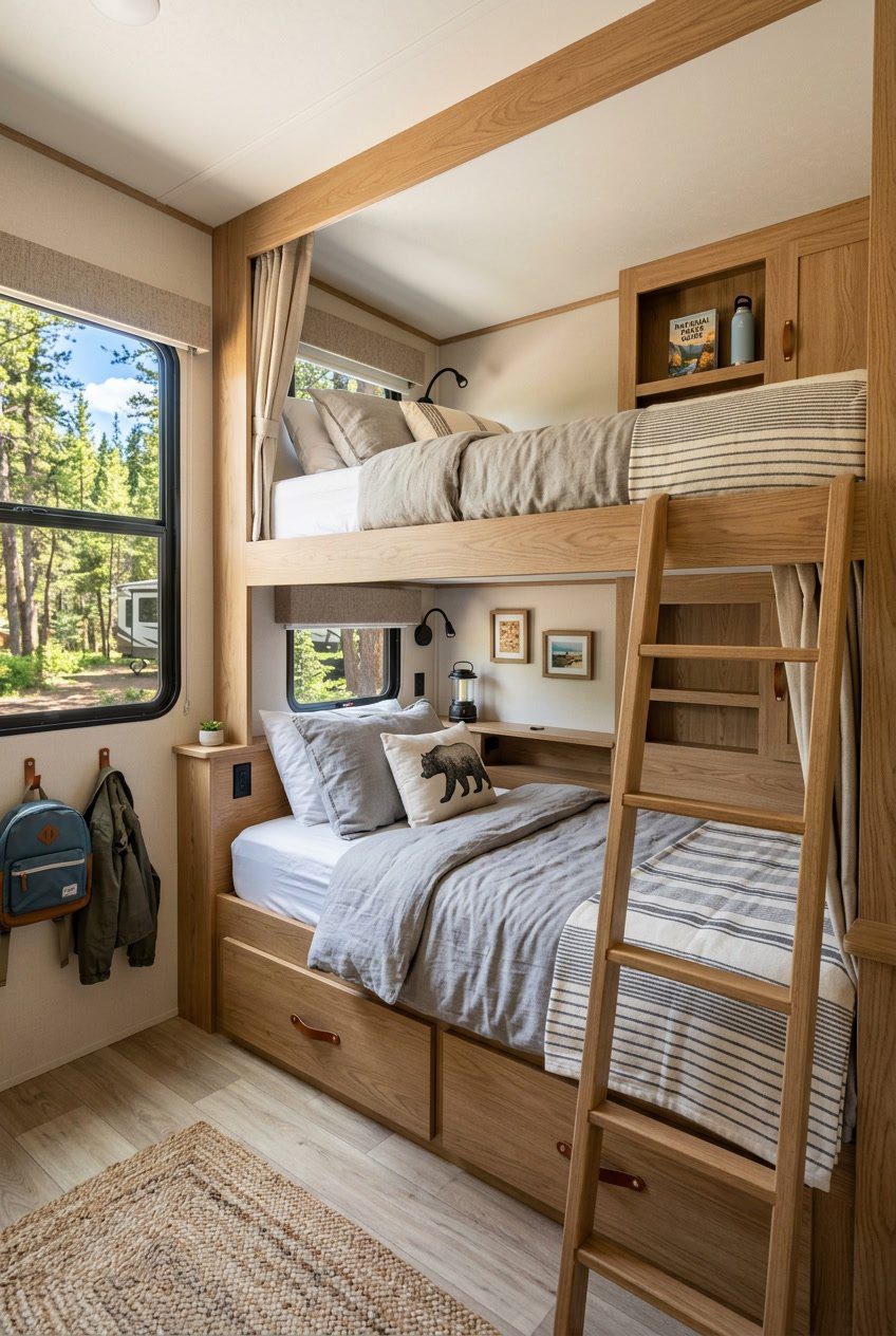 An RV bunkroom with twin XL foam mattresses arranged as bunks, showing a clean and cozy sleeping area with natural light.