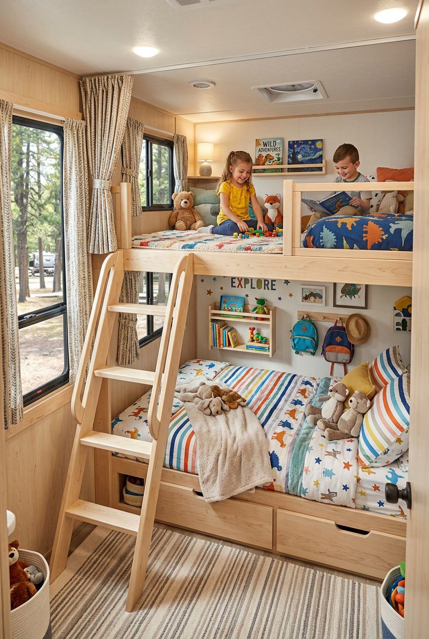 A bright RV bunkroom with a lofted platform for kids to play and sleep, featuring a ladder, bedding, and storage underneath.