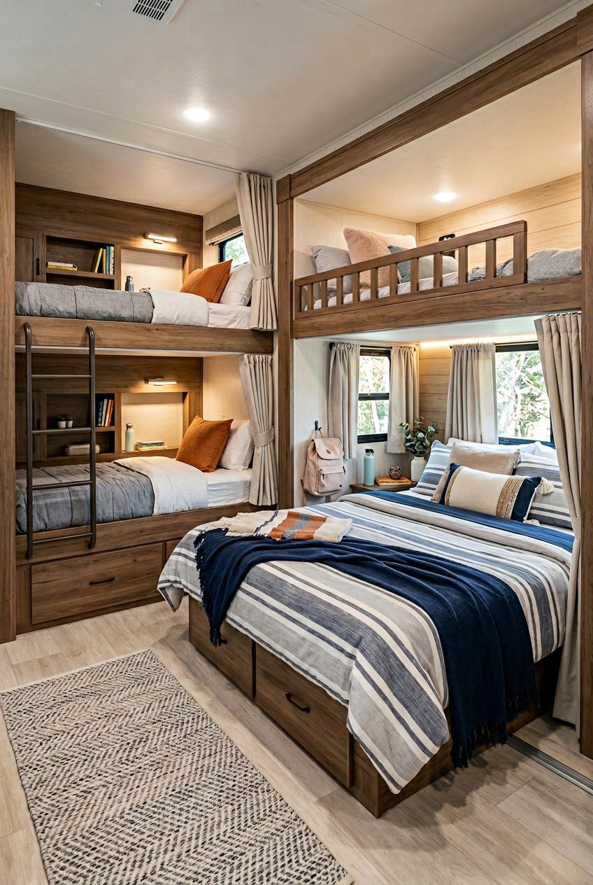 Interior of an RV bunkroom with a slide-out bunk extension creating extra sleeping space and width, showing multiple beds with bedding.