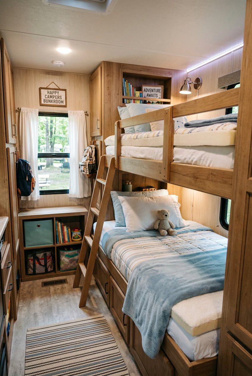 An RV bunkroom with a custom memory foam mattress topper on the bunk beds, showing a cozy and well-organized sleeping area with soft bedding and natural light.