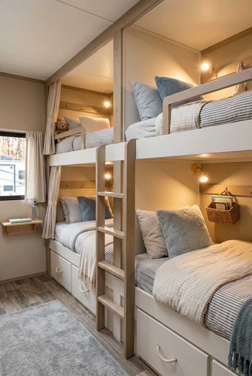 Interior of an RV bunkroom with multiple bunk beds, each having its own LED reading light turned on.