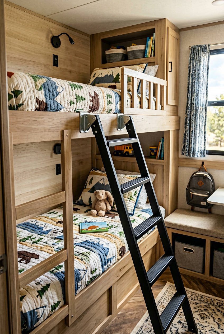 A compact RV bunkroom with a fold-up ladder featuring anti-slip treads attached to a bunk bed, surrounded by neatly made beds and cozy furnishings.