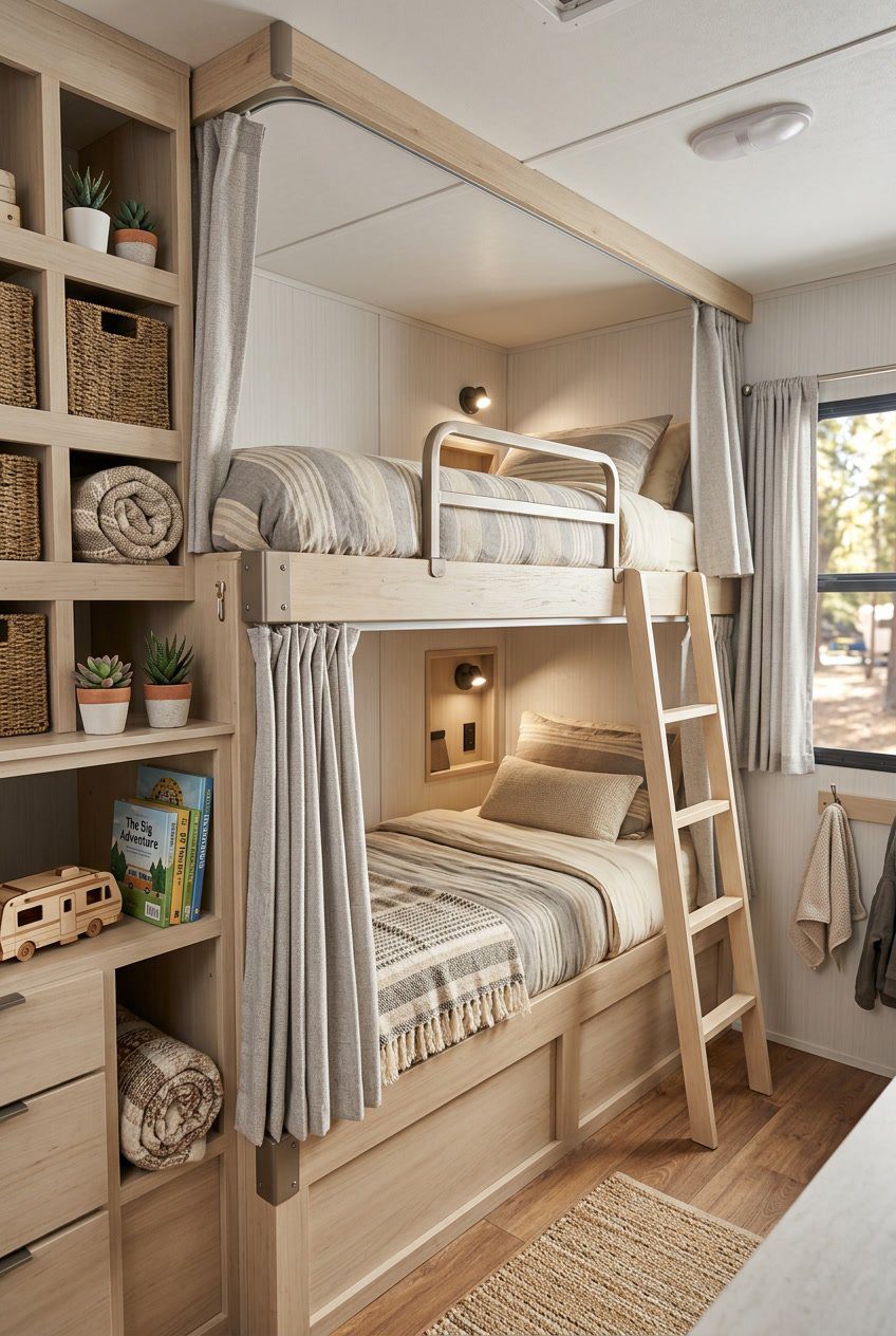 Two-person bunk bed inside an RV bunkroom with curtains dividing the bunks and storage around.