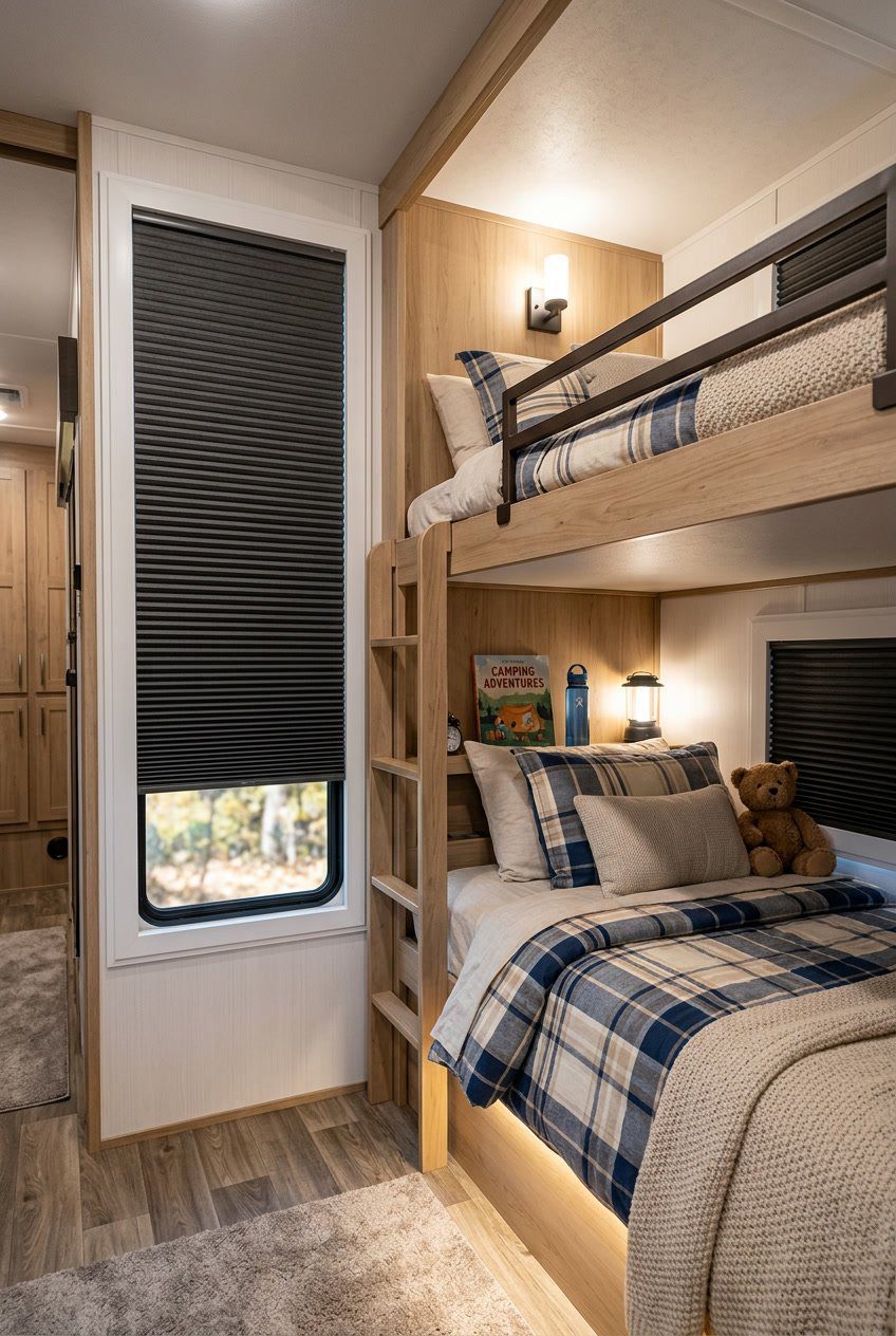 Interior of an RV bunkroom with bunkbeds and thermal insulated window shades partially drawn over the windows.