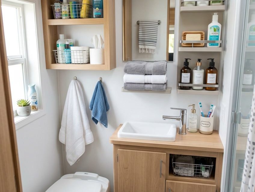 16 RV Bathroom Storage Ideas for Toiletries, Towels, and Cleaning Supplies