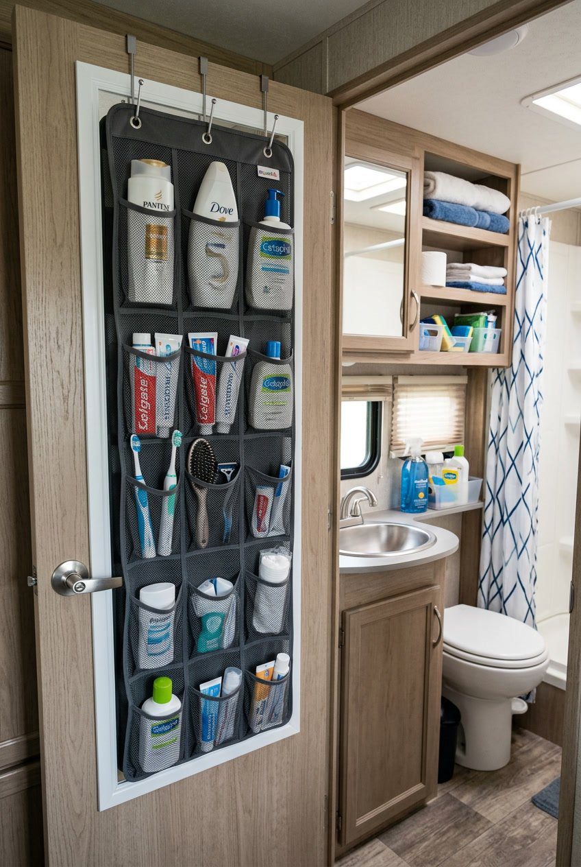 Over-the-door mesh organizer filled with toiletries hanging on a bathroom door inside a compact RV bathroom.