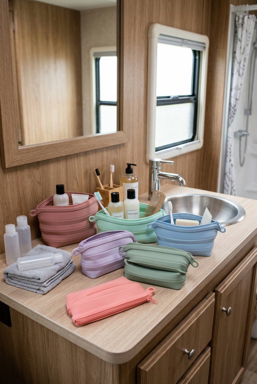 Collapsible silicone toiletry bags and organized toiletries arranged on a small RV bathroom countertop with towels and cleaning supplies nearby.