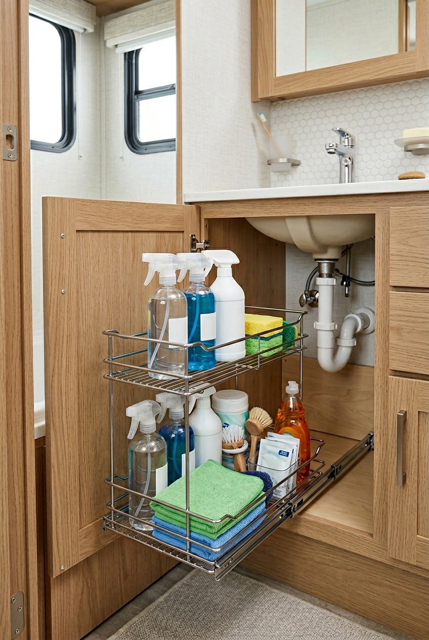 Under-sink pull-out basket in an RV bathroom cabinet holding cleaning supplies.