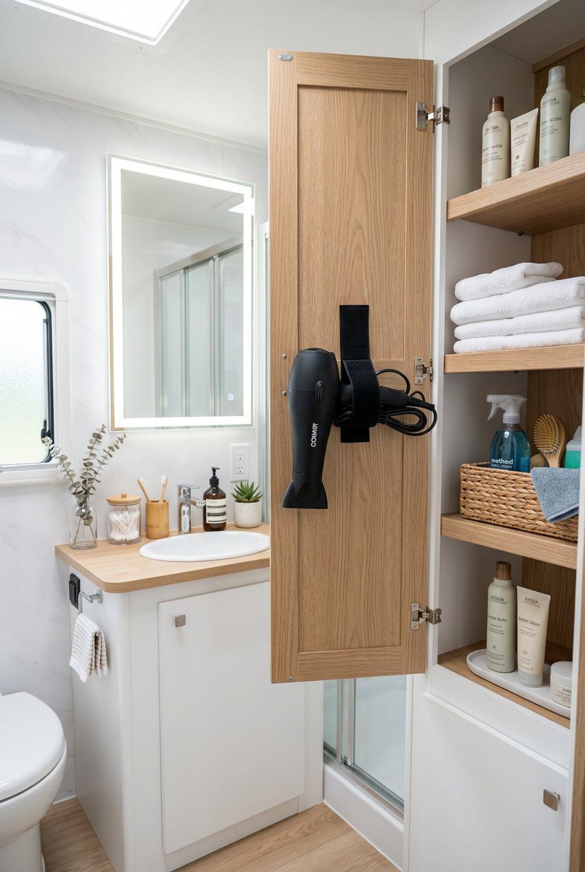 An RV bathroom with a Velcro-mounted hairdryer holder on a cabinet door, surrounded by organized toiletries, towels, and cleaning supplies.