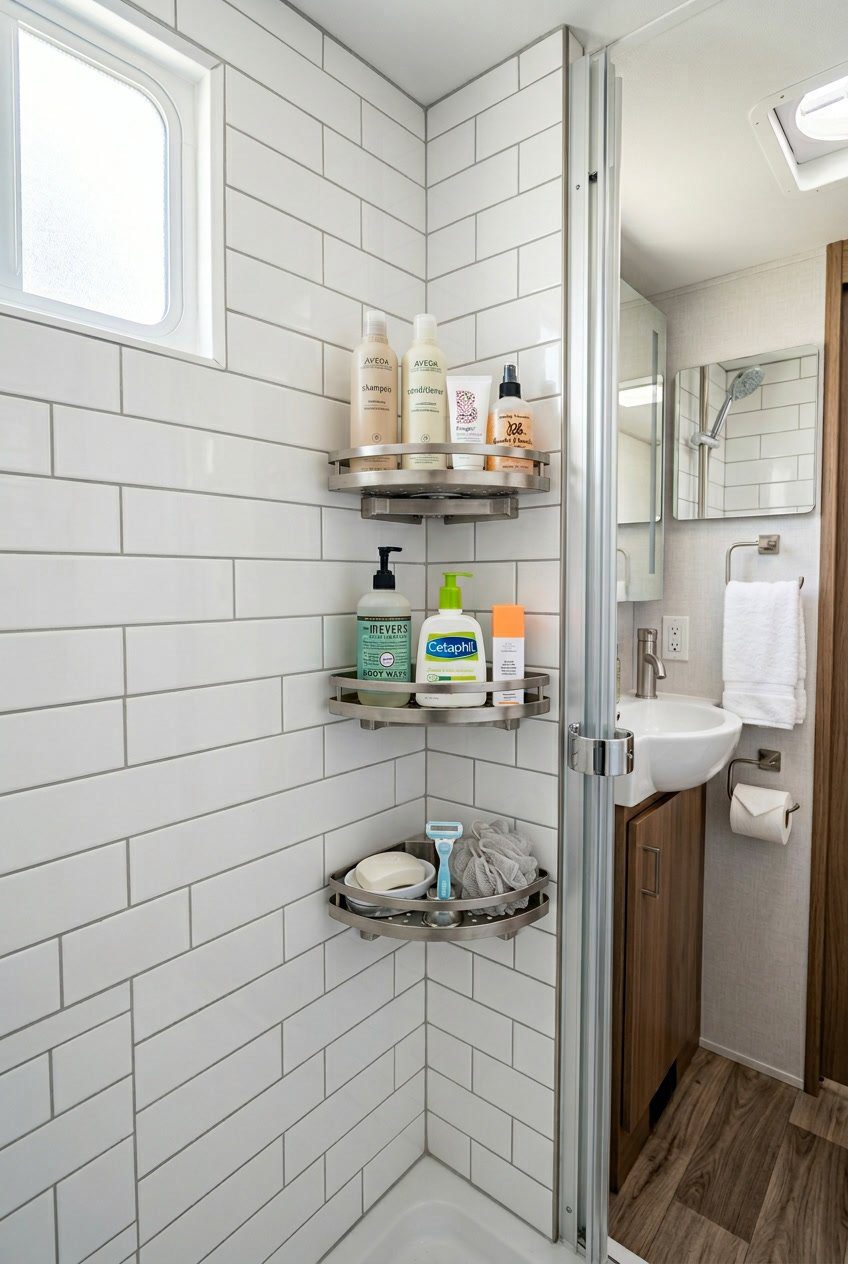 An RV bathroom corner with a rotating shower caddy holding toiletries and towels neatly arranged.