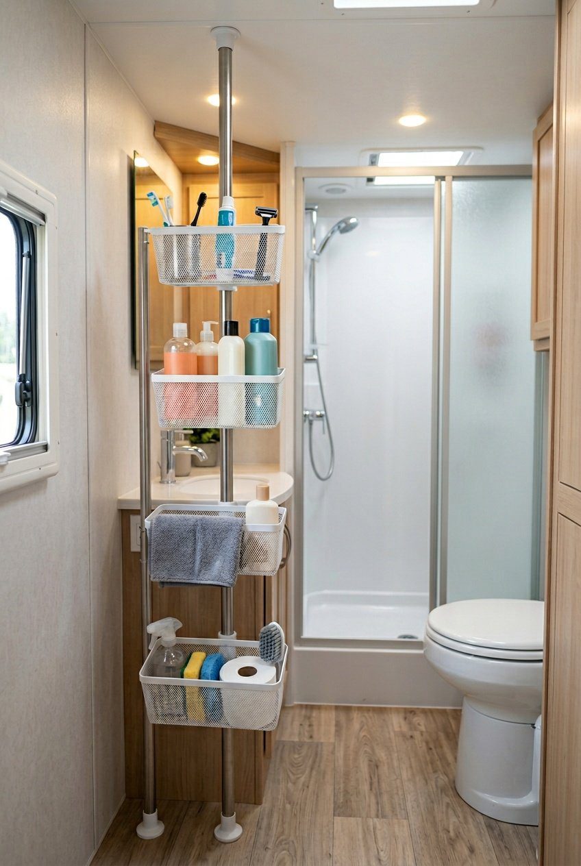 An RV bathroom with an adjustable tension pole holding hanging baskets filled with toiletries, towels, and cleaning supplies.