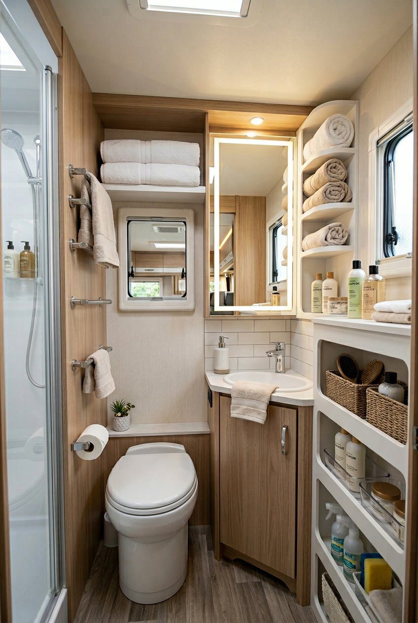 RV bathroom with a mounted towel bar folded flat and organized storage for toiletries, towels, and cleaning supplies.