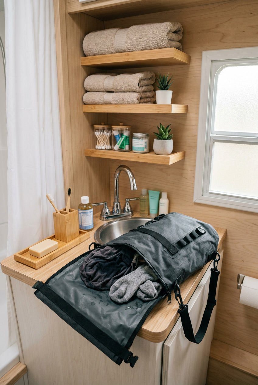 An organized RV bathroom with a portable wet-dry bag for soiled linens next to a sink, surrounded by toiletries, towels, and cleaning supplies.