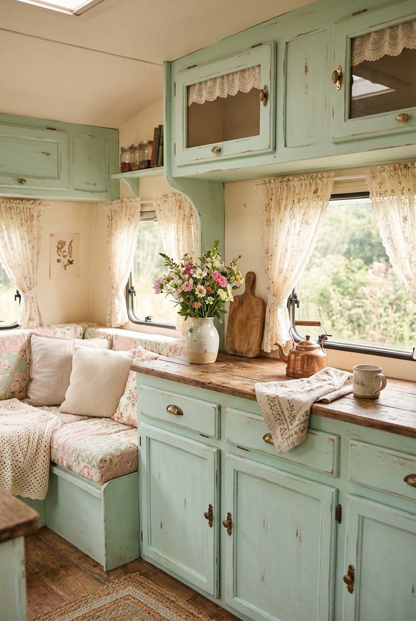 Interior of a camper featuring pastel mint cabinets with worn paint, soft natural light, and decorative flowers on a wooden countertop.
