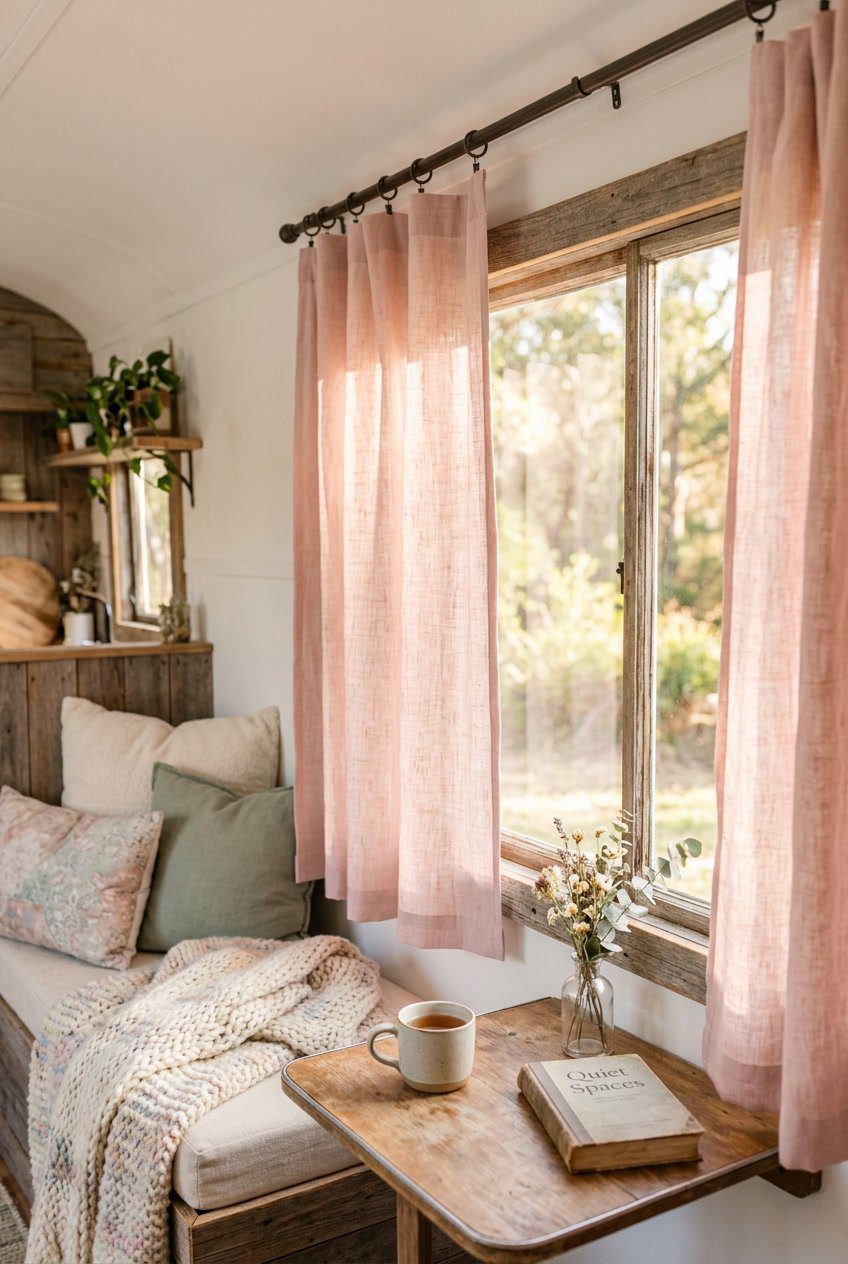 Blush pink linen curtains hanging inside a camper with natural light coming through.