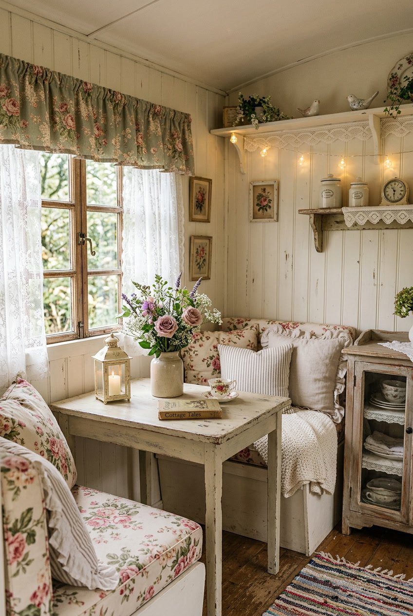Interior of a cozy camper with white beadboard walls, vintage furniture, floral cushions, and soft natural light.