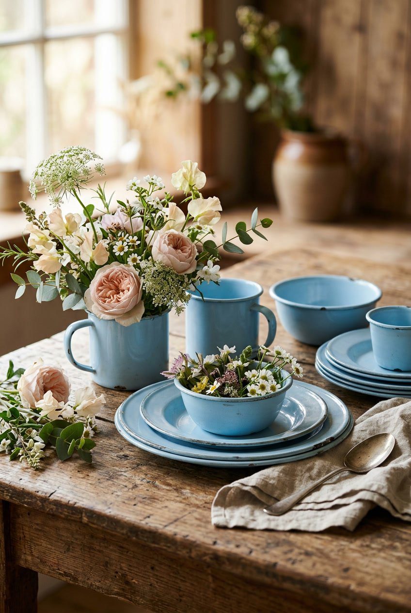 A collection of powder blue vintage enamel mugs, bowls, and plates arranged with pastel flowers on a wooden surface.