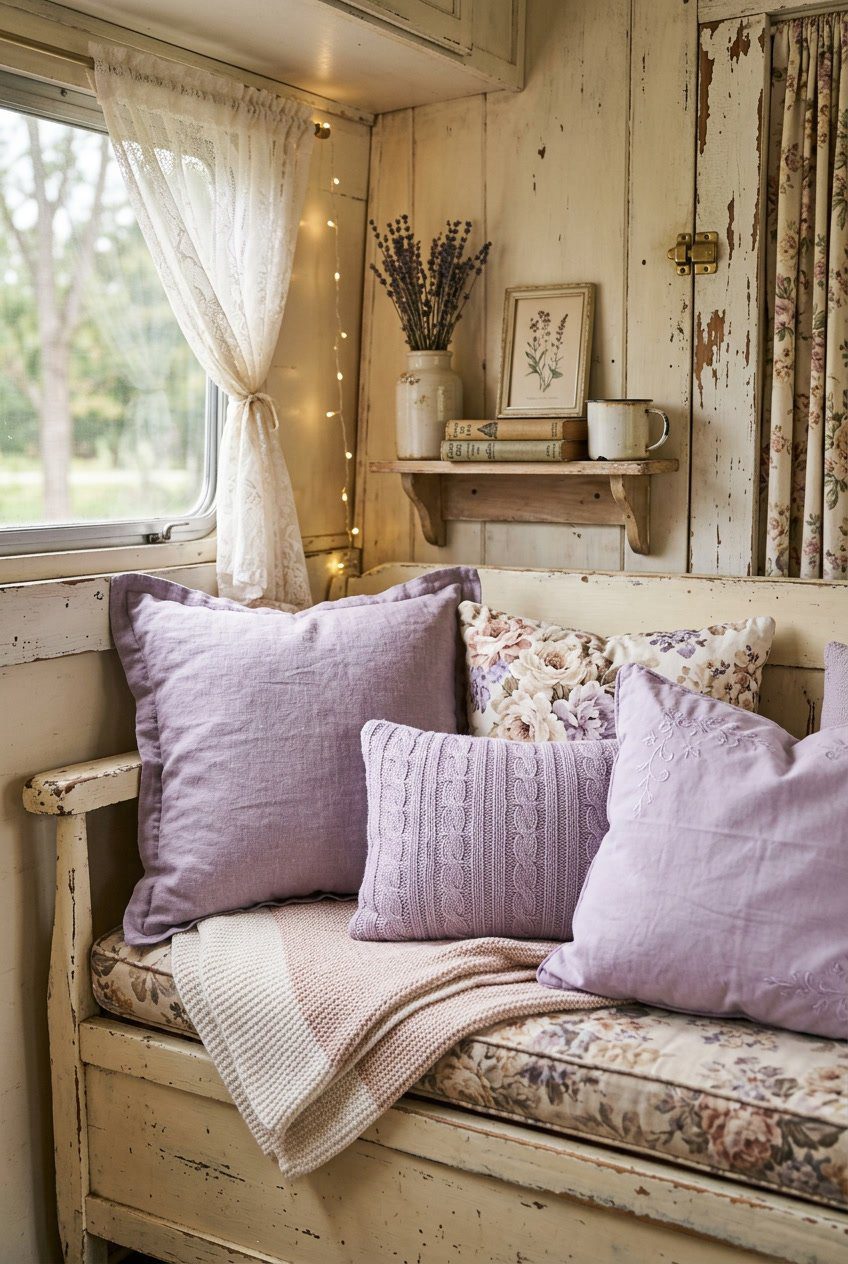 A cozy camper bench with soft lavender throw pillows and vintage decor in gentle pastel colors.
