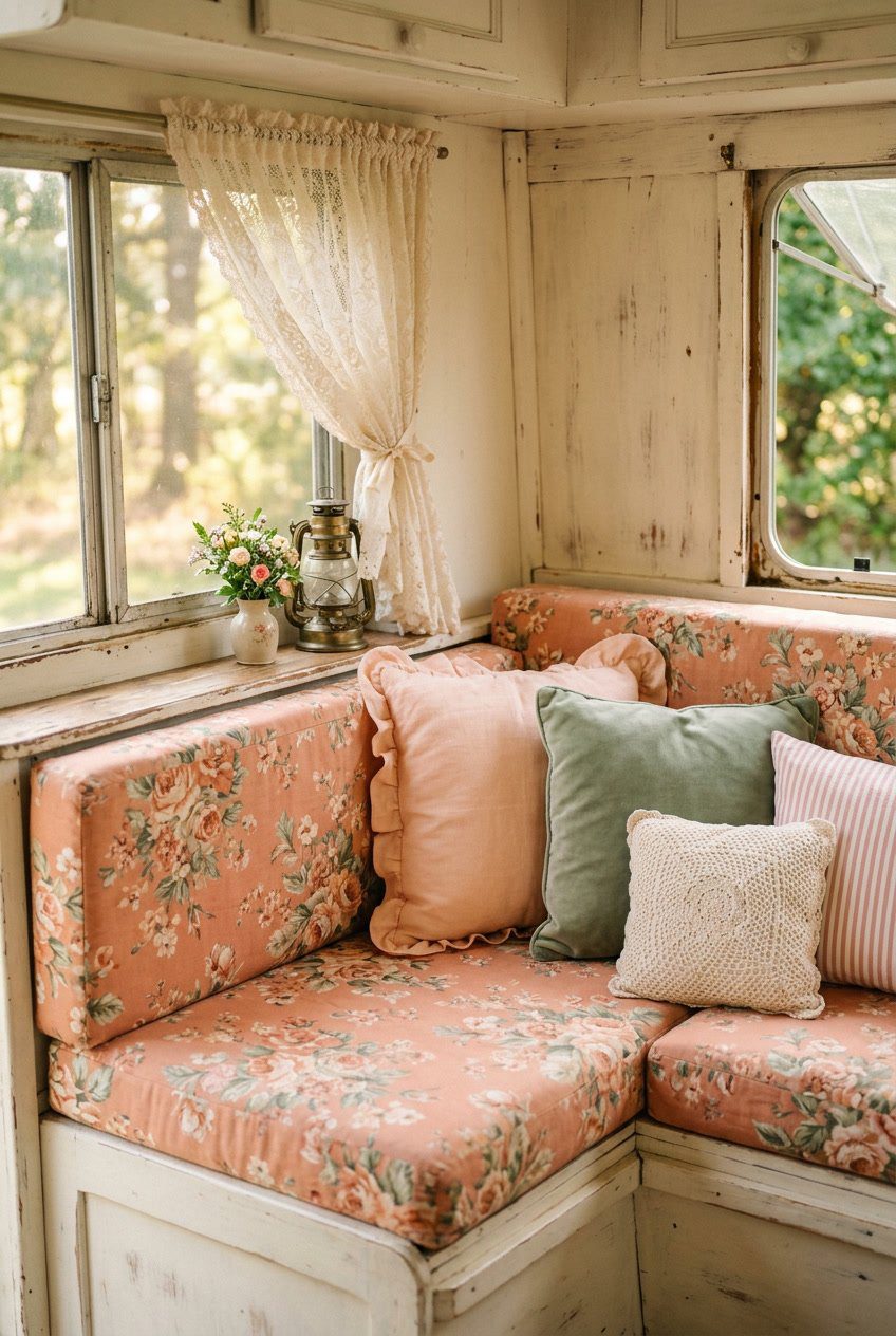 Close-up of a camper interior with peachy coral floral upholstery on a cushioned bench, soft natural light, and vintage decor elements.