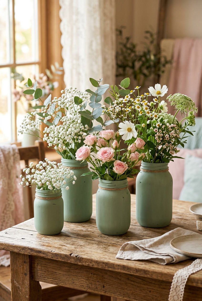 A group of sage green mason jar vases filled with wildflowers and greenery on a wooden table with soft natural light.