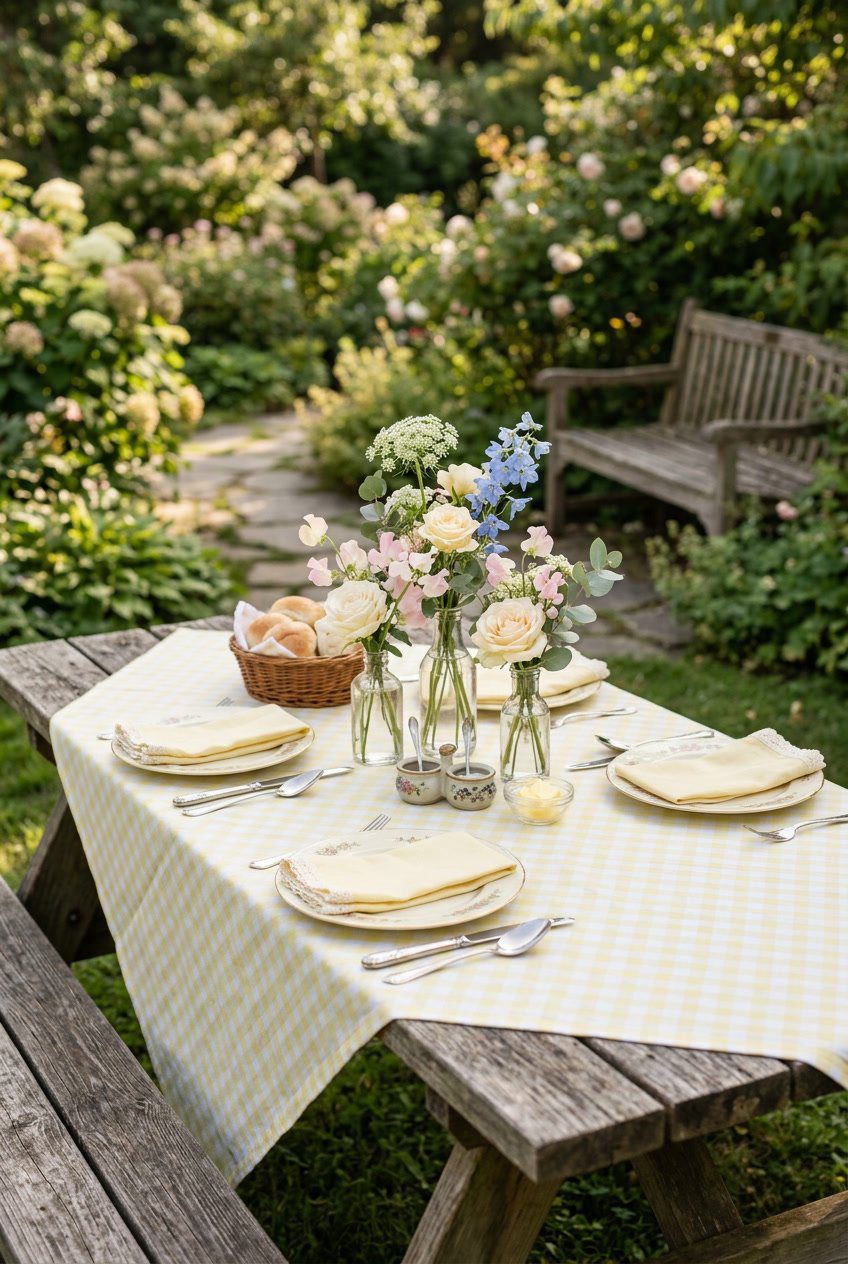 A picnic table covered with a pale yellow and white checkered tablecloth, set with plates and small flower vases in an outdoor setting.