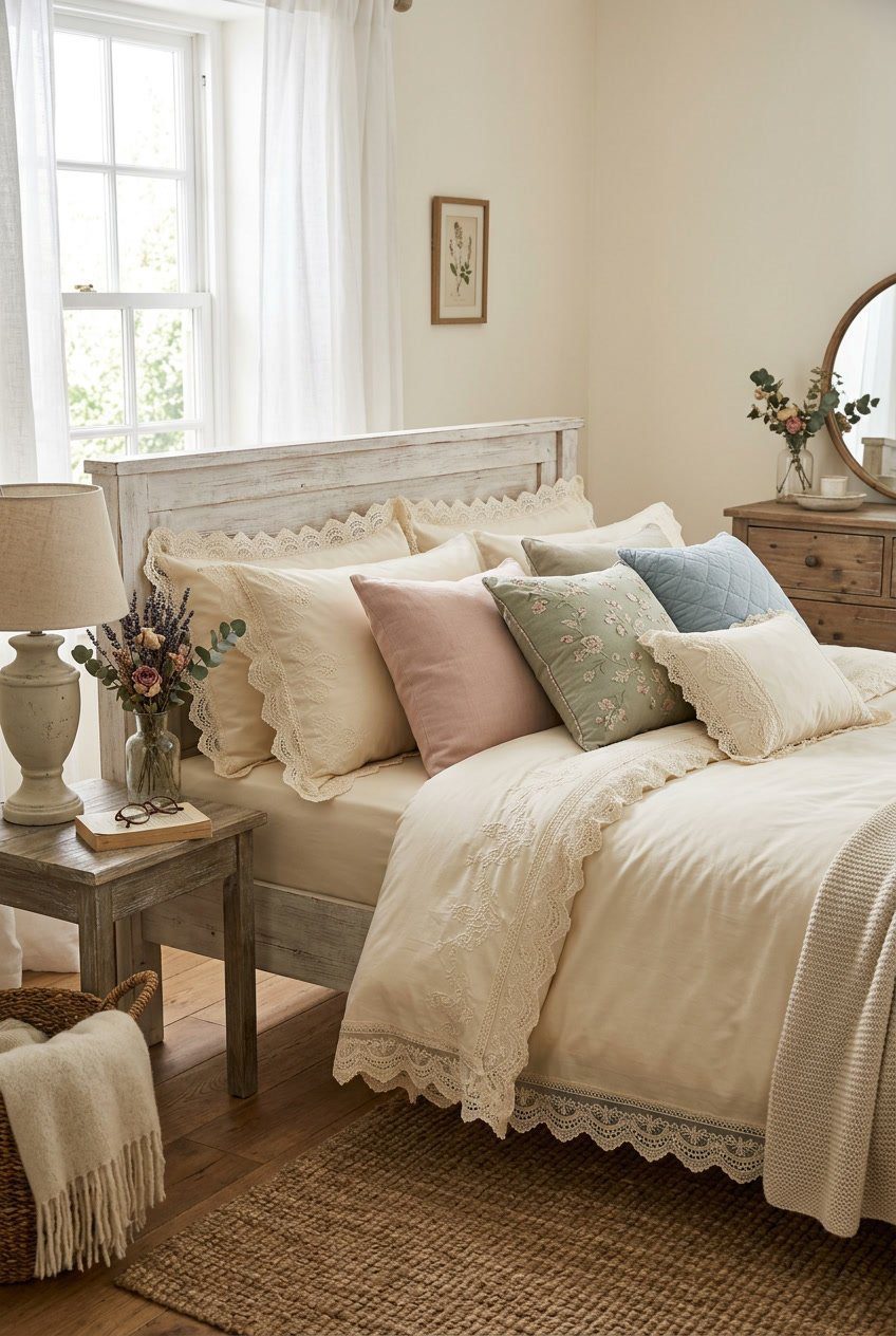 A cozy bedroom with a bed dressed in cream-colored bedding featuring lace details, soft pastel cushions, rustic wooden furniture, and natural light coming through a window.