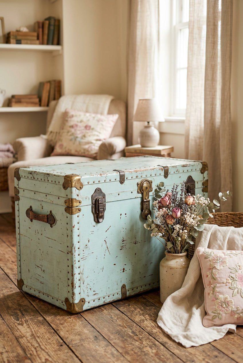 A pale aqua distressed travel trunk in a softly lit cozy room with pastel textiles and dried flowers.