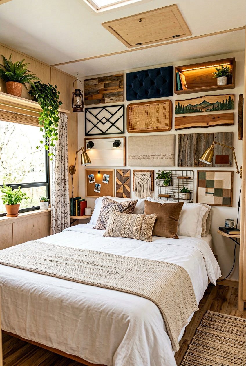 A camper bedroom with a bed featuring various unique headboards made from different materials and designs, surrounded by soft lighting and small decorative elements.