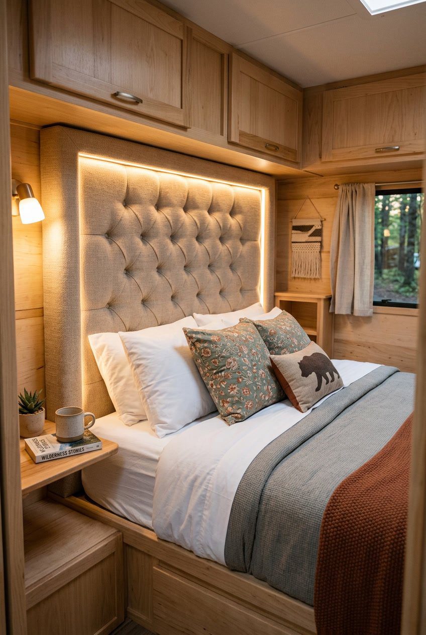 A camper bedroom with a padded tufted fabric headboard featuring a built-in LED strip, a neatly made bed, and wood cabinetry.