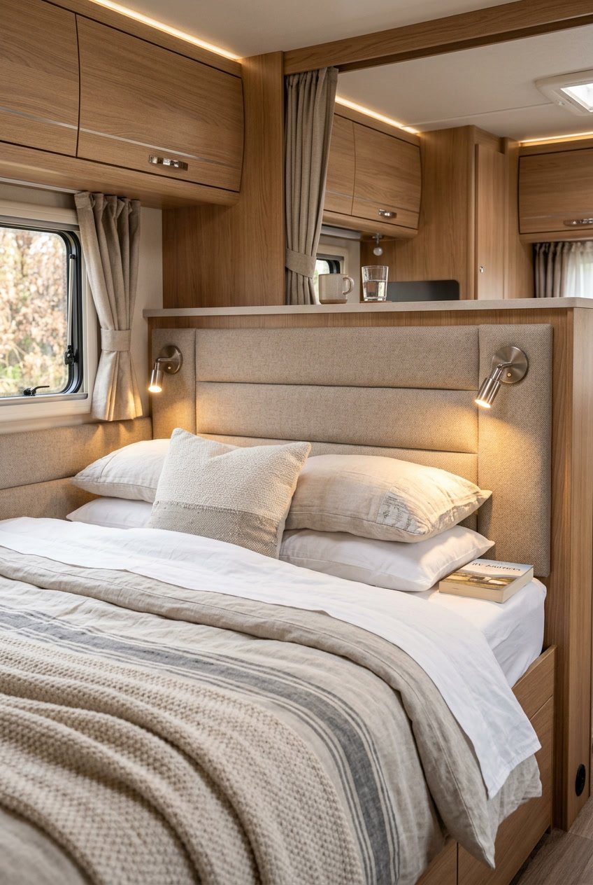 A camper bedroom with a bed featuring an upholstered headboard that has built-in reading lights on both sides.
