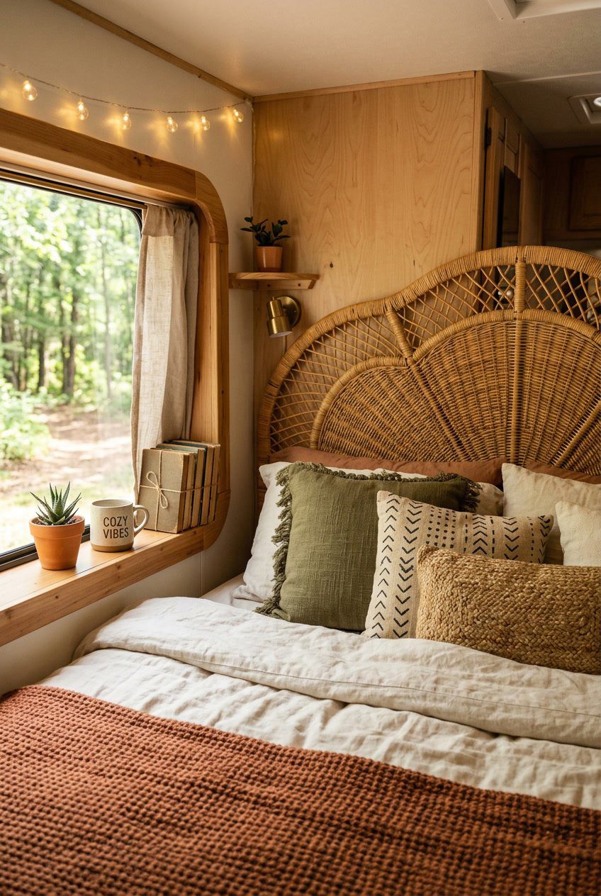 A camper bedroom with a woven rattan headboard, a made bed with pillows, and natural light coming through a window.