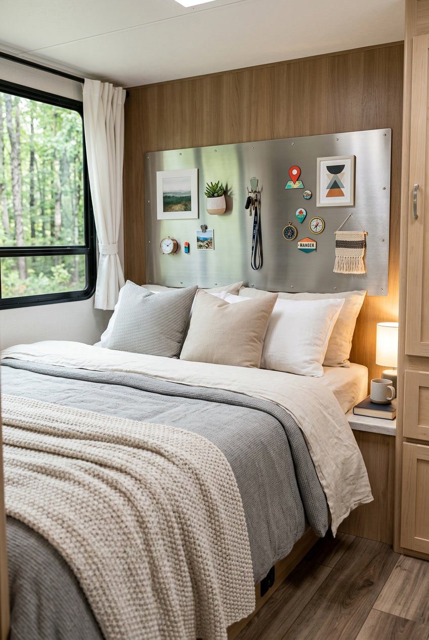 RV bedroom with a metal panel headboard featuring interchangeable magnetic décor and a neatly made bed.