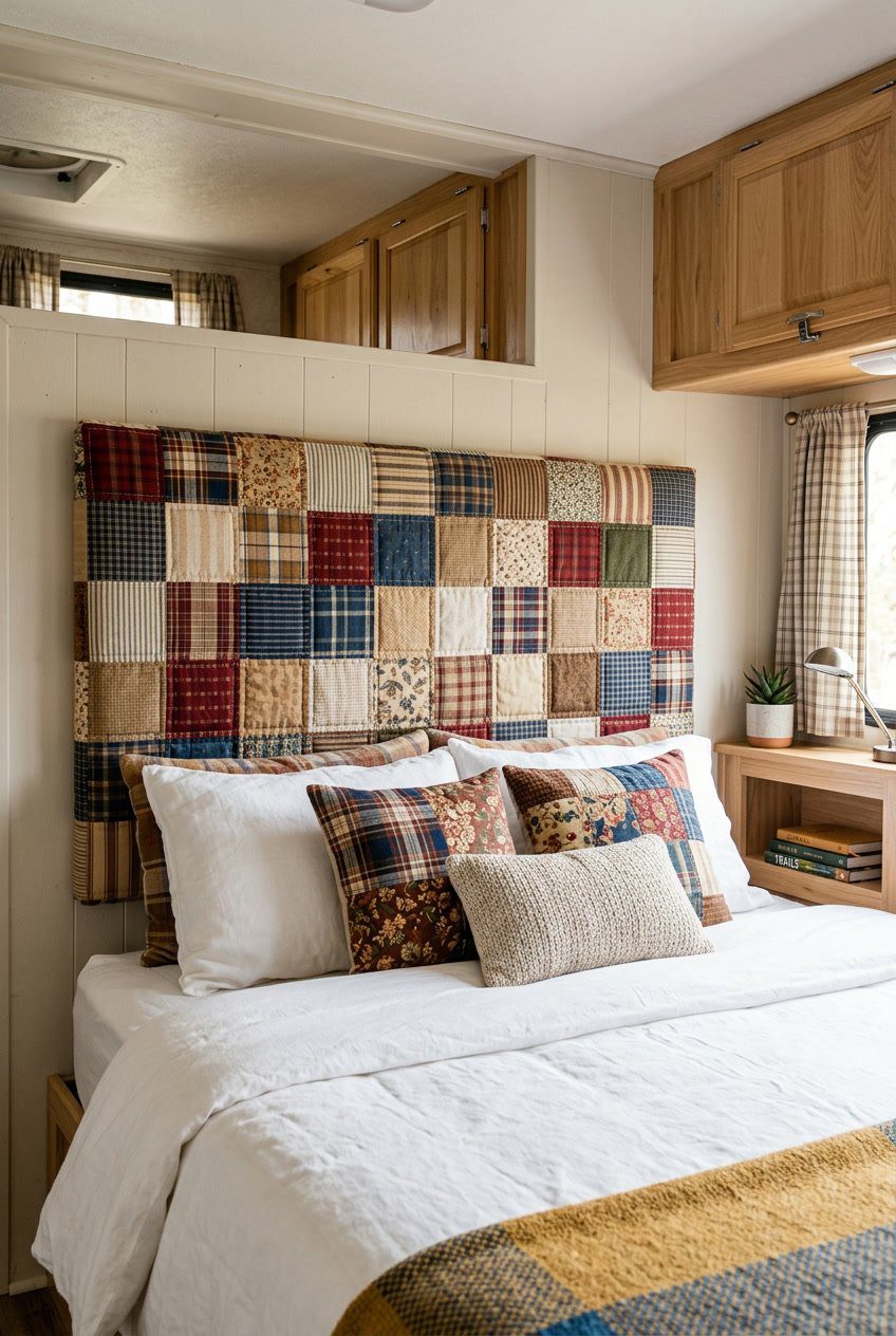 A camper bedroom with a bed featuring a colorful quilted patchwork fabric headboard made from RV fabric scraps.