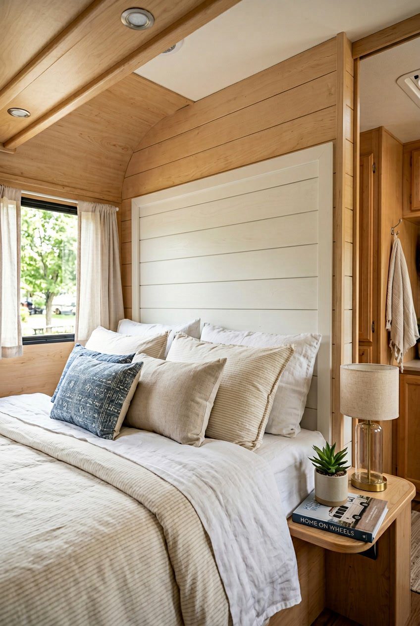 A camper bedroom with a slim white wooden headboard and a neatly made bed inside an RV.