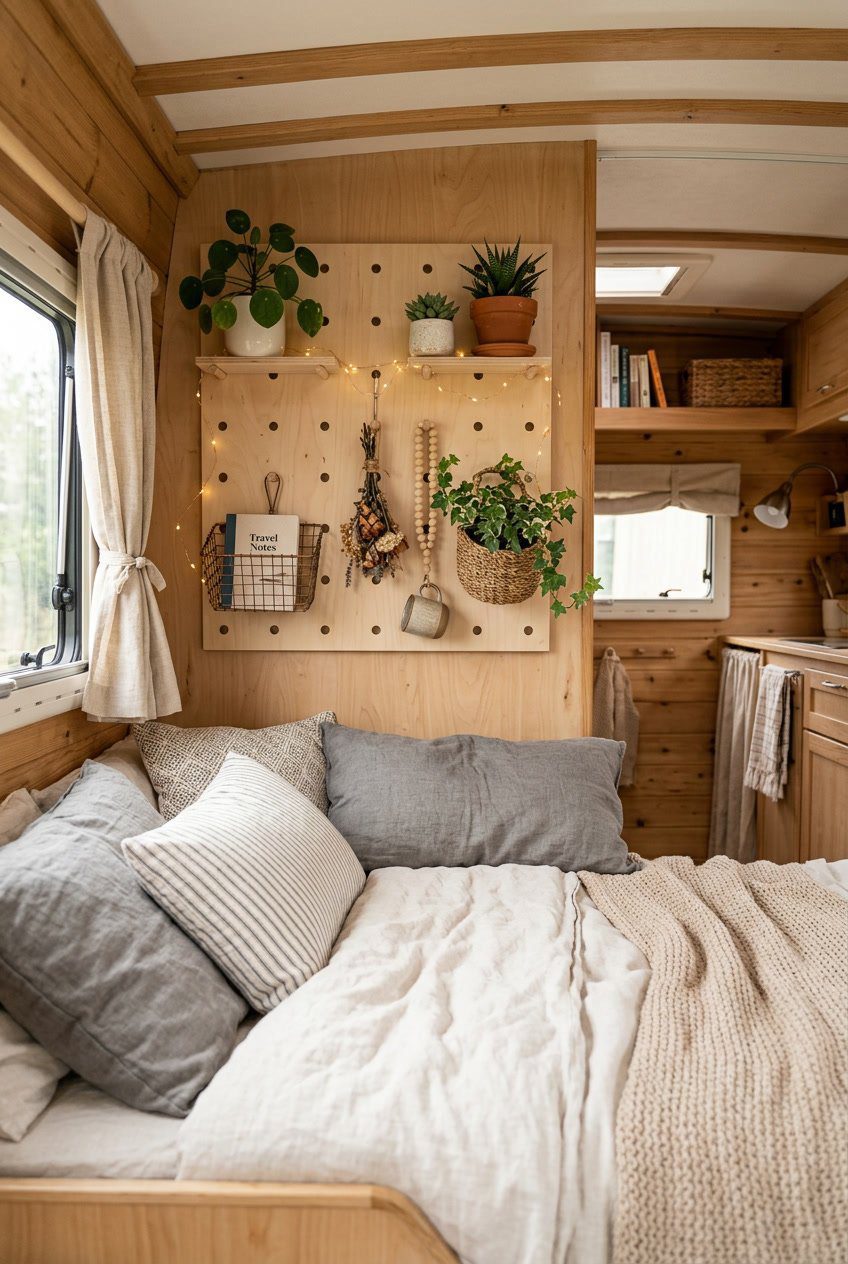 A camper bedroom with a pegboard headboard holding plants, hooks, and baskets above a neatly made bed.