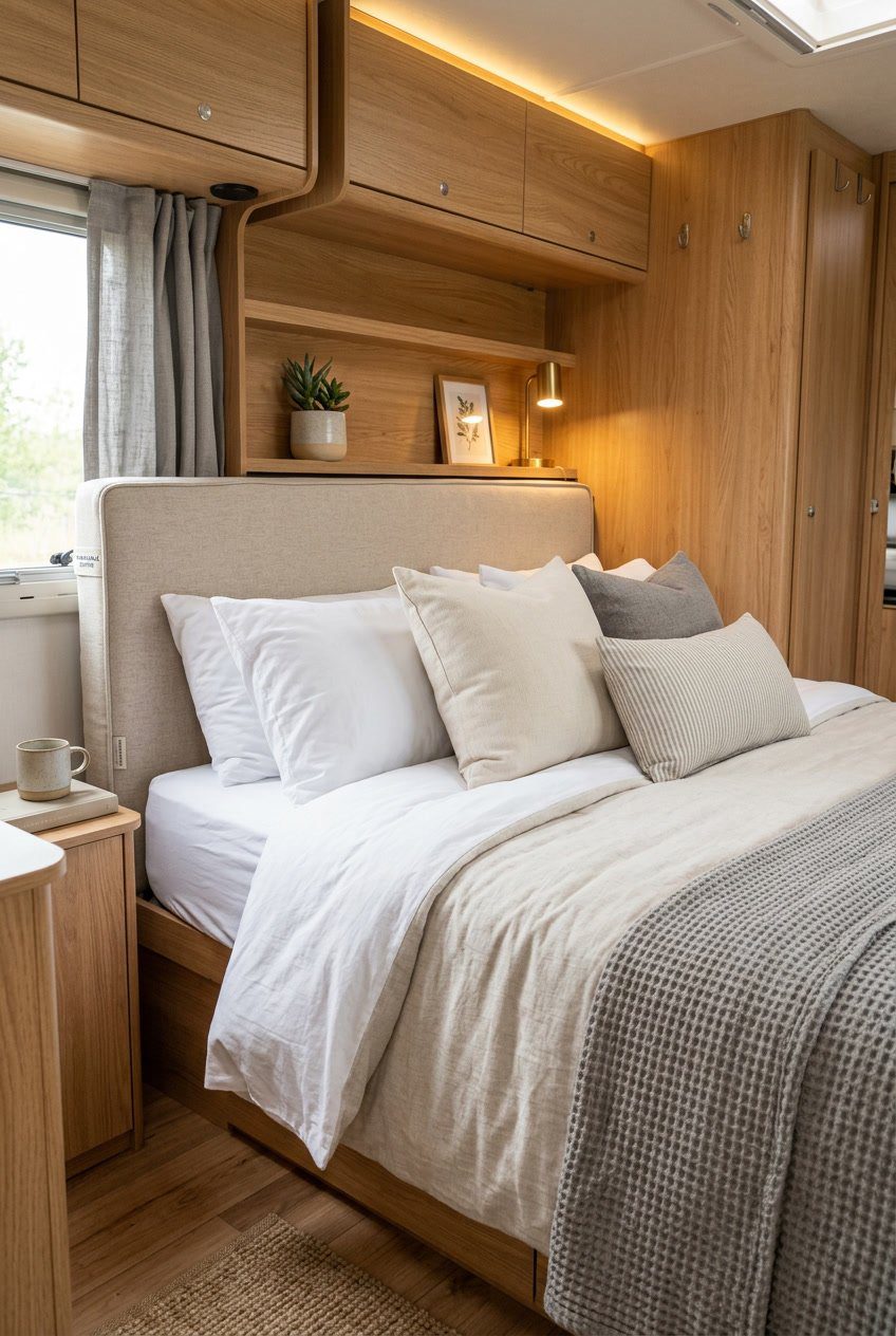 A camper bedroom with a neatly made bed featuring a removable slipcovered headboard and warm wood interior.