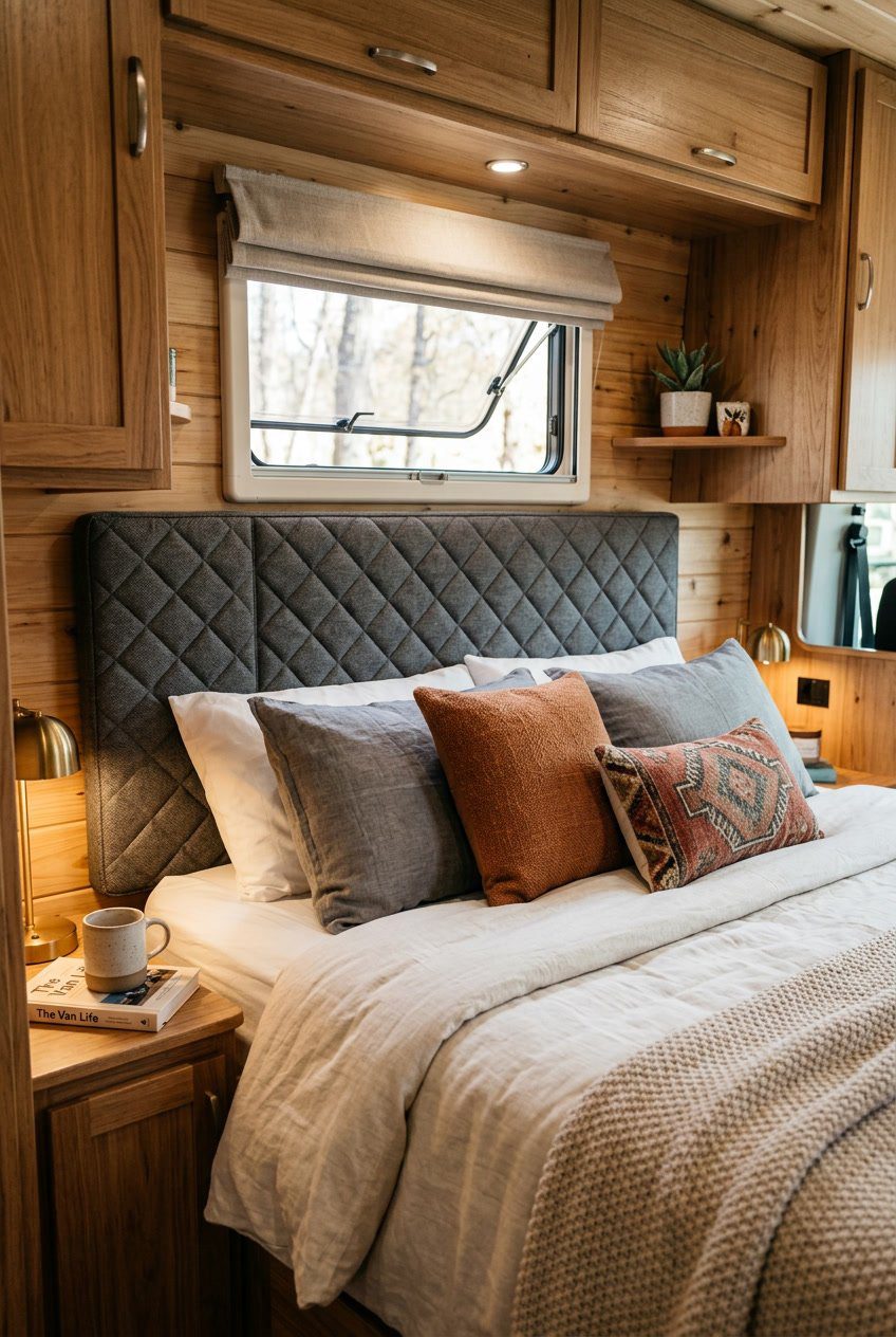 A camper bedroom with a bed featuring a padded insulated headboard and neutral bedding inside an RV.