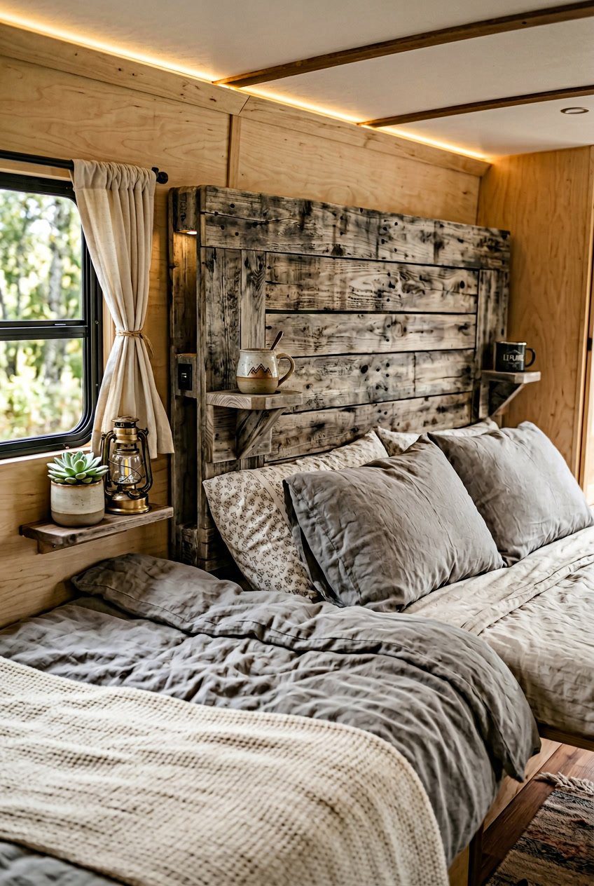 A camper bedroom with a reclaimed wood pallet headboard that has built-in cup holders on each side above a neatly made bed.
