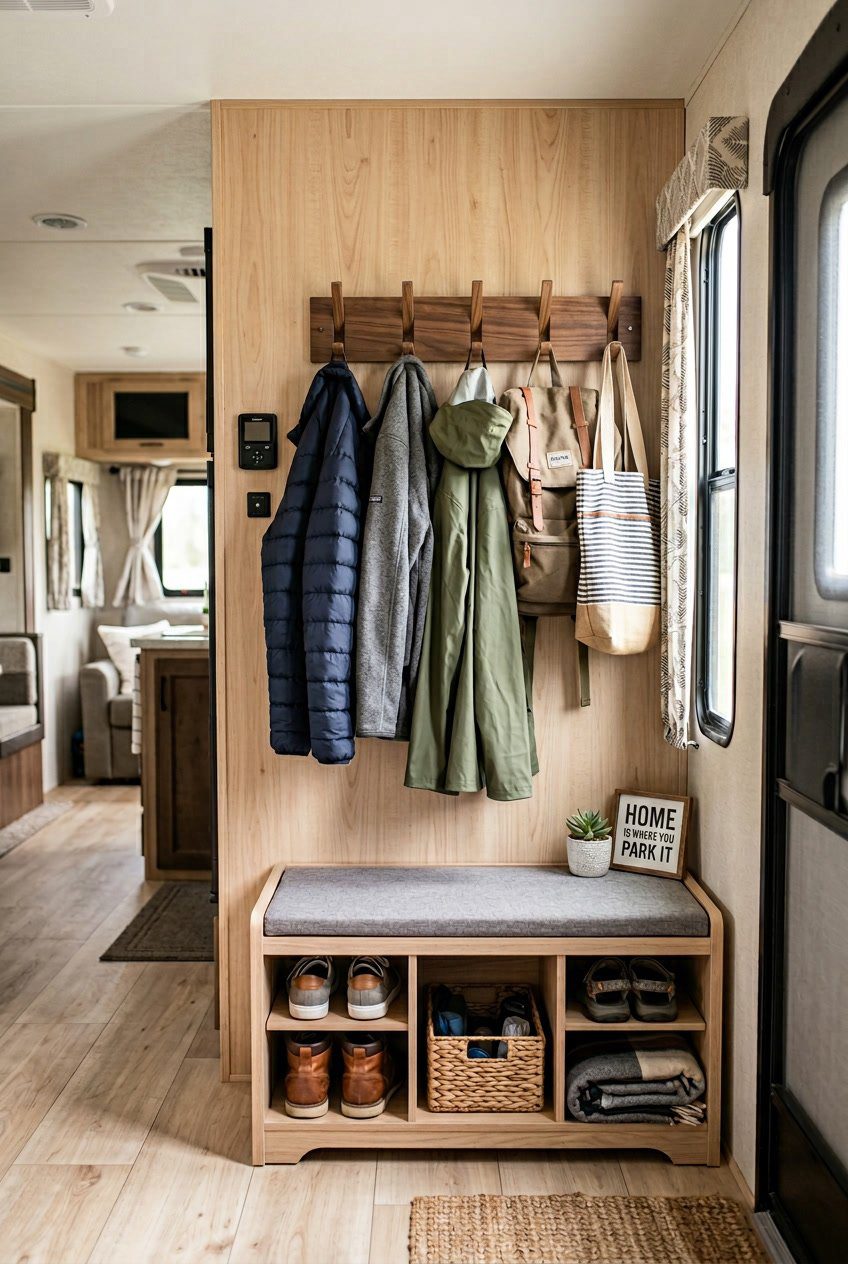 An RV entryway with a wall-mounted coat rack with folding hooks holding jackets and bags, and a bench with shoe storage underneath.