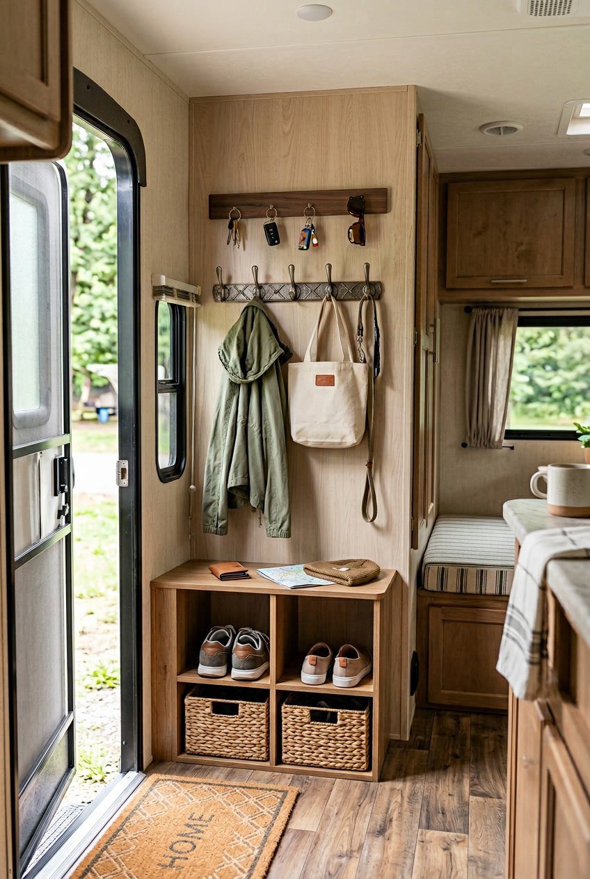An RV entryway with a magnetic strip holding keys and sunglasses, organized storage for shoes, coats, and bags.
