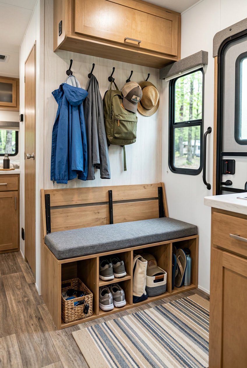 Fold-down bench with cubbies holding shoes and bags in an RV entryway with coats hanging nearby.