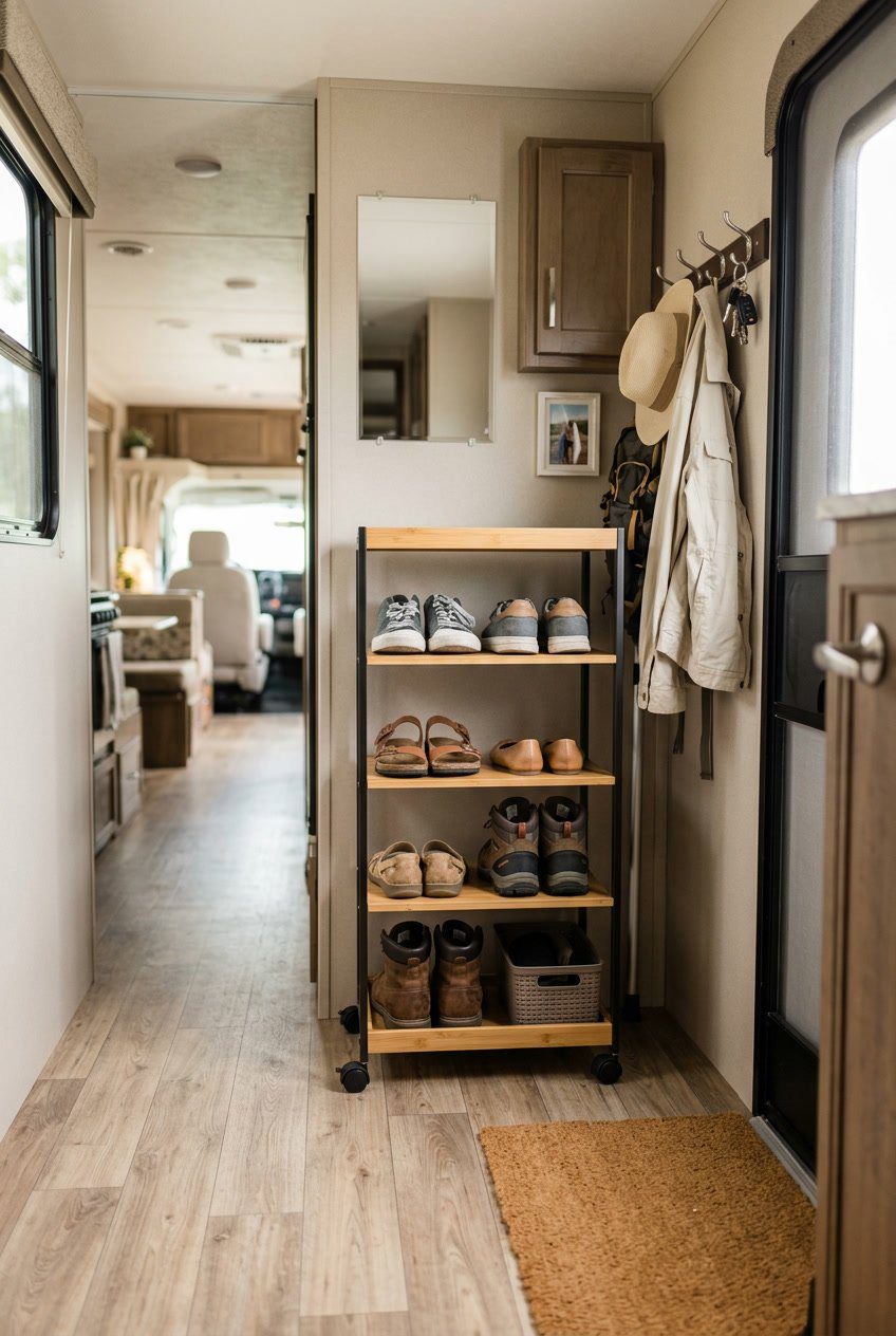 A slim rolling shoe cart holding shoes in a narrow hallway with coats and bags hanging nearby.