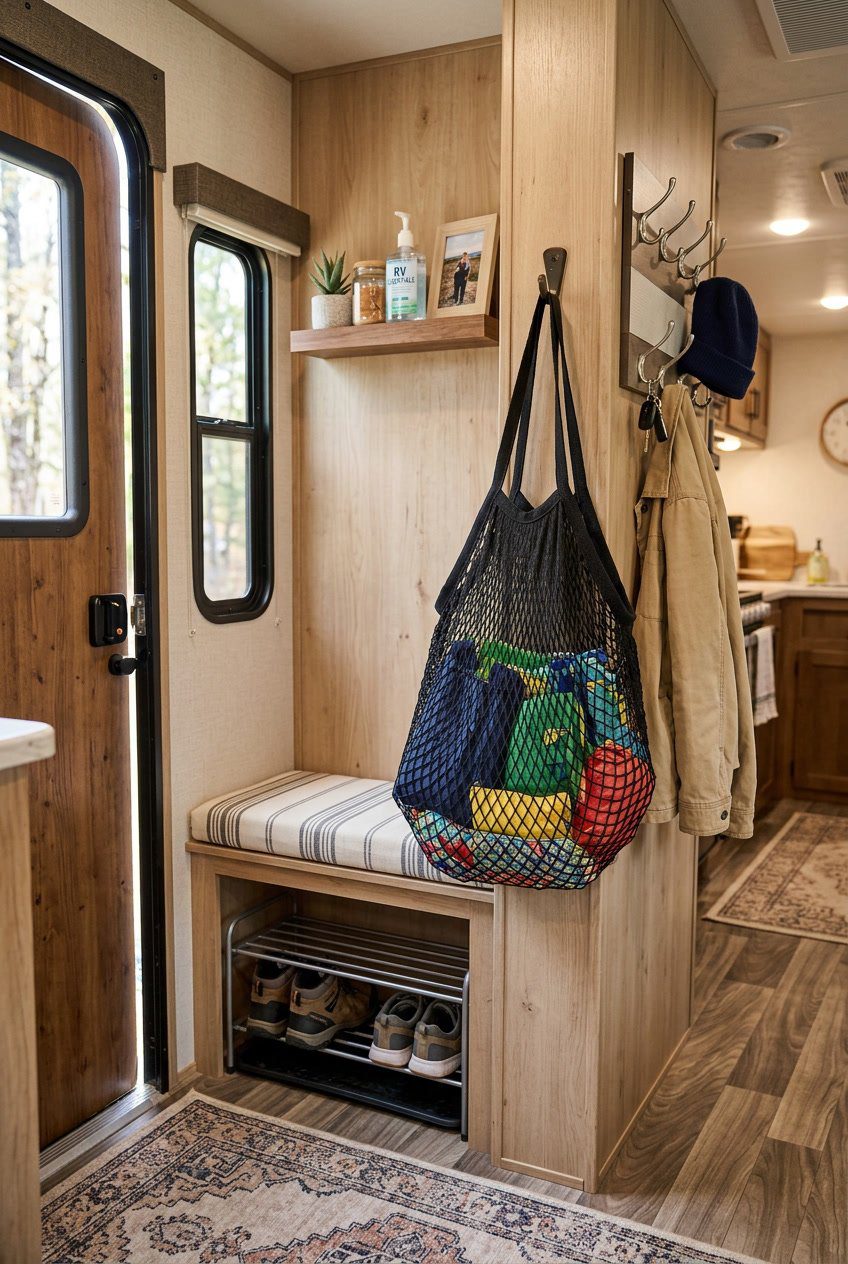 An RV entryway with a hanging mesh bag holding reusable shopping totes, surrounded by coats on hooks and shoes on a bench.