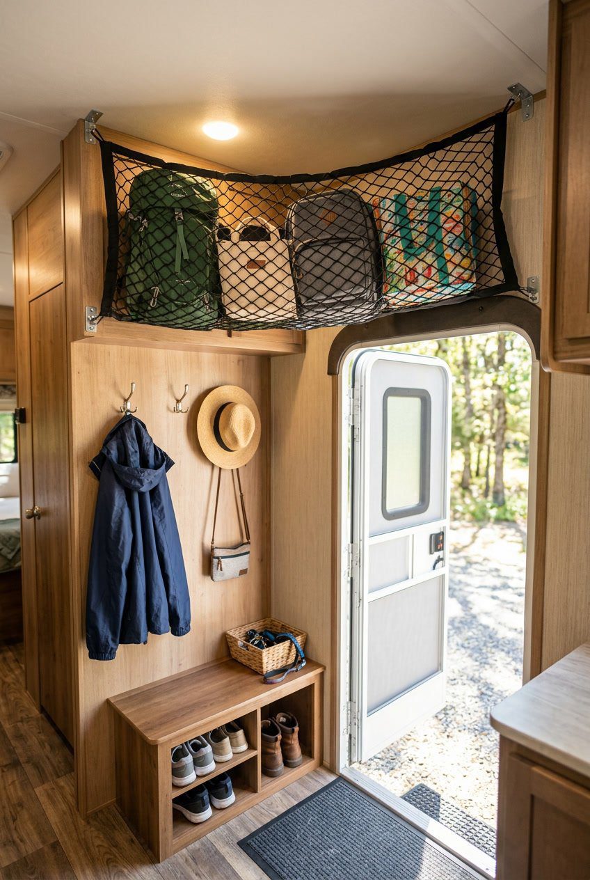 Overhead net shelf in an RV entryway holding lightweight bags above a small bench and coat hooks.