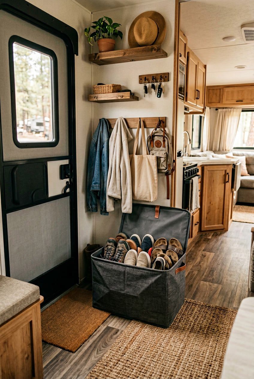 Collapsible fabric basket filled with shoes in an organized RV entryway with coats and bags hanging nearby.