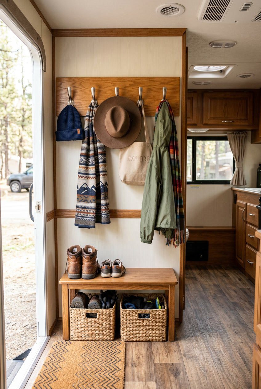 An organized RV entryway with hooks holding hats, scarves, coats, and bags, a bench with shoes underneath, and storage baskets, showing a neat and tidy space.
